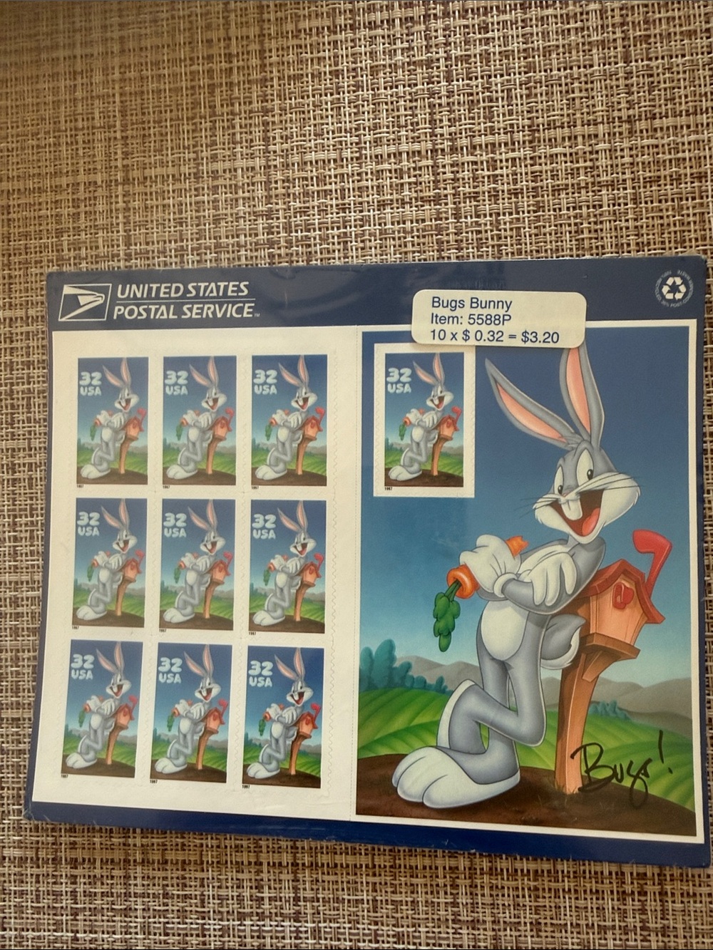 Vintage Bugs Bunny Blue Collectible Stamp Sheet by United States Postal Service